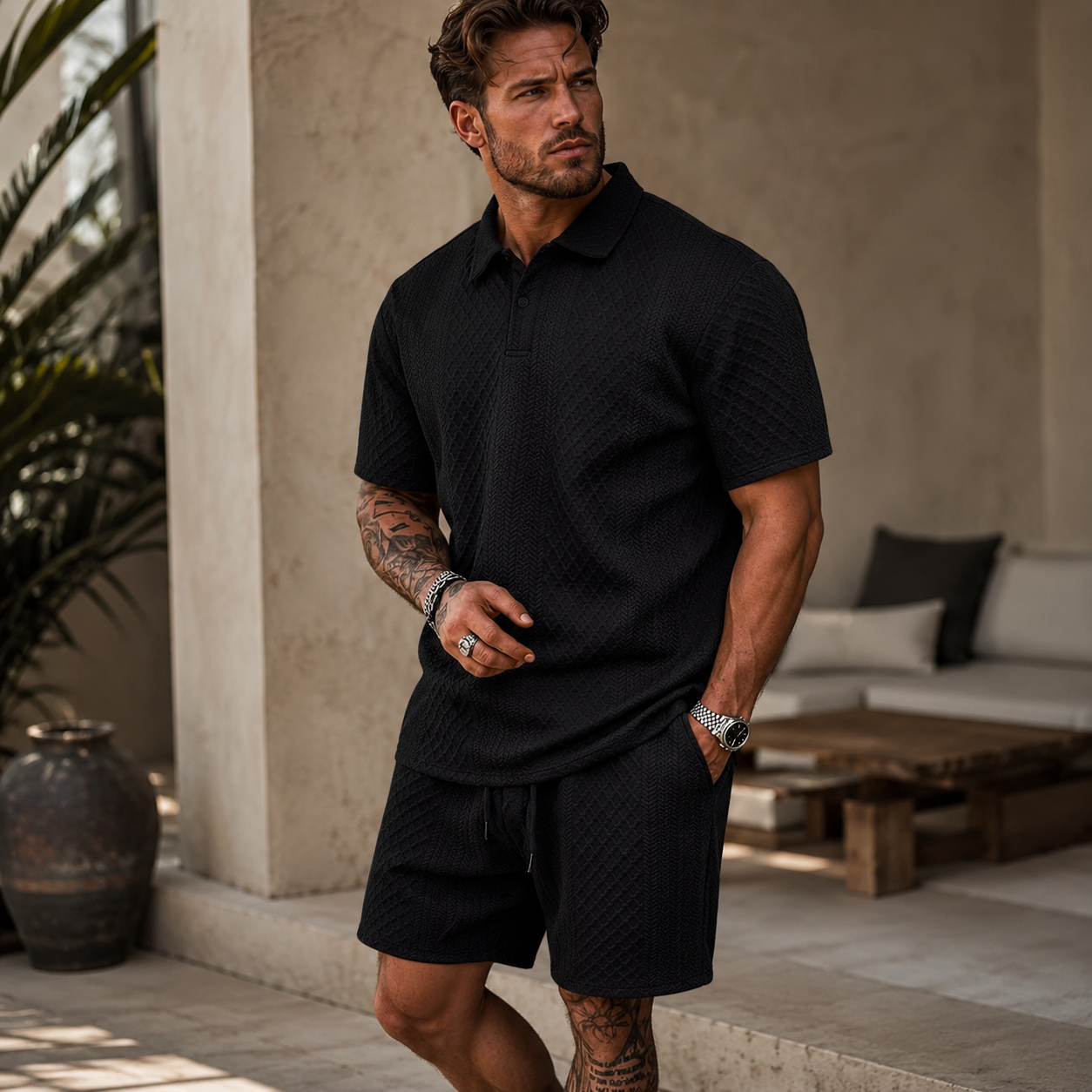 Herren Poloshirt und Shorts Set mit Diagonalem Strukturmuster-Sets for Men-Alpenkind