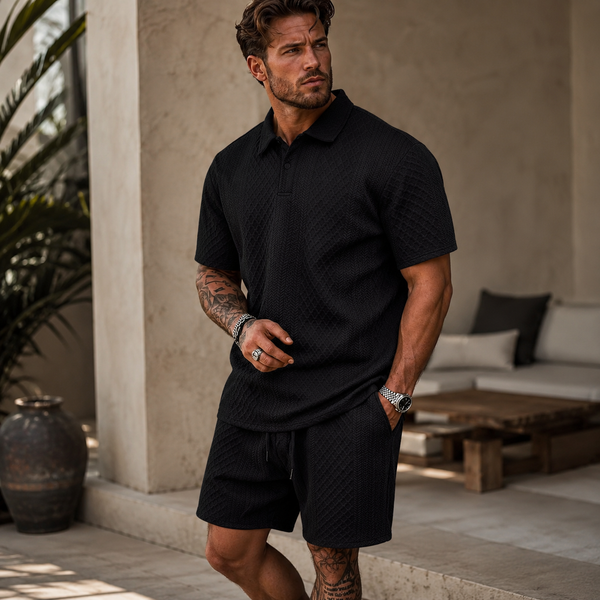 Herren Poloshirt und Shorts Set mit Diagonalem Strukturmuster-Sets for Men-Alpenkind