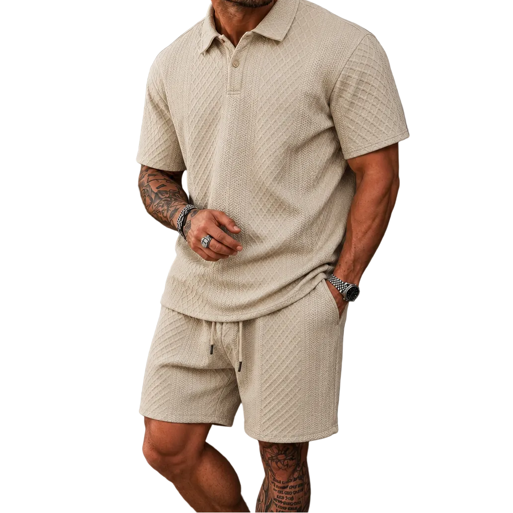 Herren Poloshirt und Shorts Set mit Diagonalem Strukturmuster-Sets for Men-Alpenkind