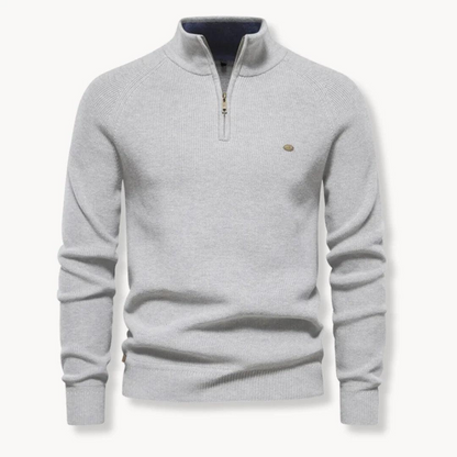 Herren Pullover mit Halb-Reißverschluss, Stehkragen und Rippstruktur-Men Sweaters-Alpenkind