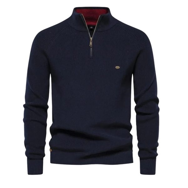 Herren Pullover mit Halb-Reißverschluss, Stehkragen und Rippstruktur-Men Sweaters-Alpenkind