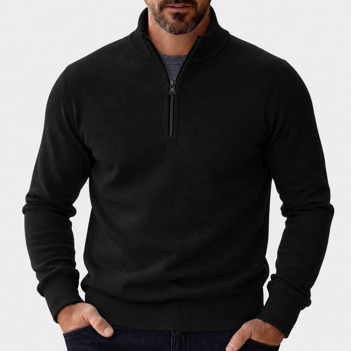 Herren-Pullover mit Viertelreißverschluss und Rippstrick-Details-Sweaters for men-Alpenkind