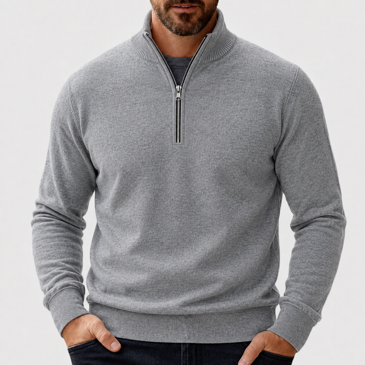 Herren-Pullover mit Viertelreißverschluss und Rippstrick-Details-Sweaters for men-Alpenkind