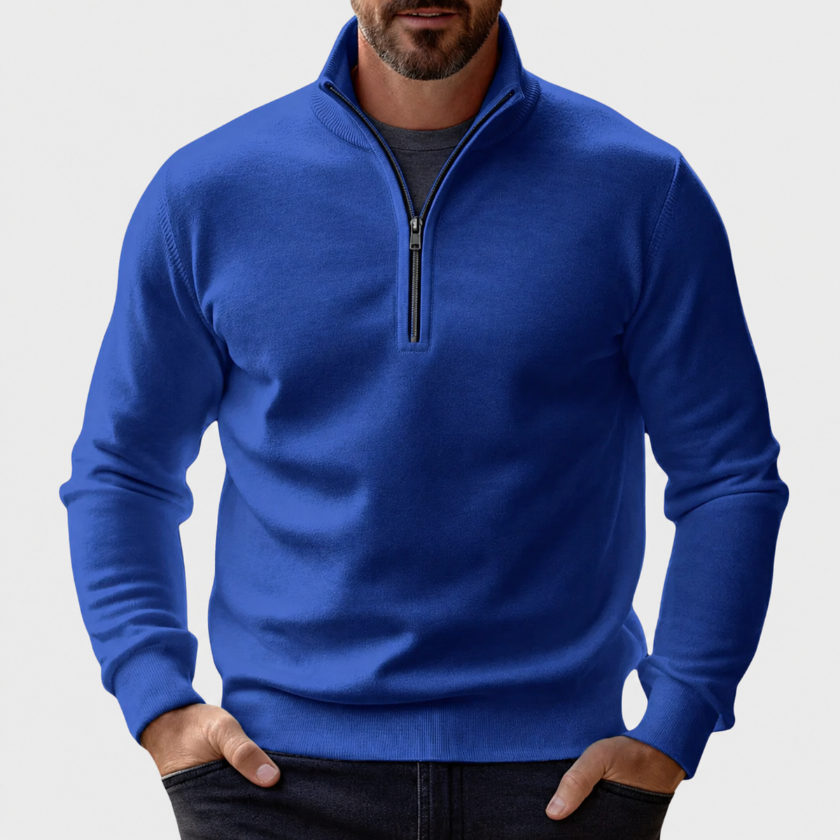 Herren-Pullover mit Viertelreißverschluss und Rippstrick-Details-Sweaters for men-Alpenkind