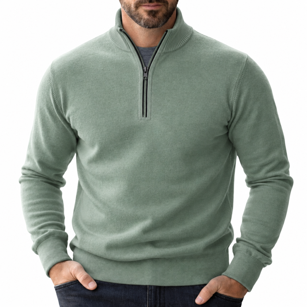 Herren-Pullover mit Viertelreißverschluss und Rippstrick-Details-Sweaters for men-Alpenkind