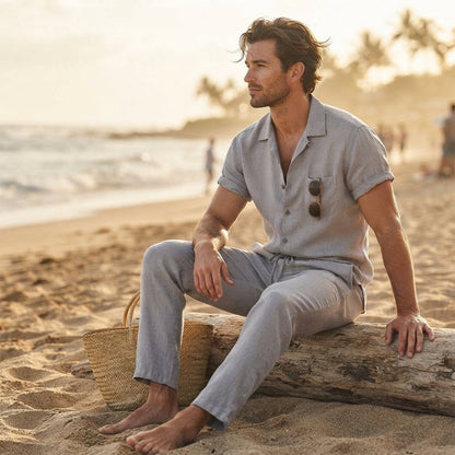 Herren-Set aus kurzärmeligem Hemd mit Knopfleiste und Hose mit Kordelzug-Sets for Men-Alpenkind