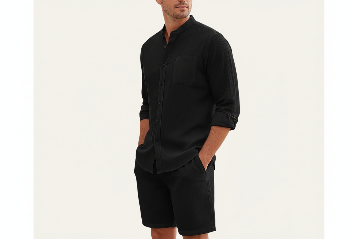 Herren Set mit Hemd mit Stehkragen und Shorts mit Kordelbund-Shirts for men-Alpenkind