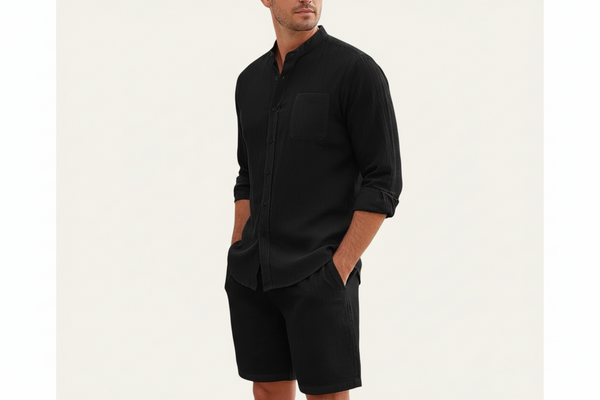Herren Set mit Hemd mit Stehkragen und Shorts mit Kordelbund-Shirts for men-Alpenkind