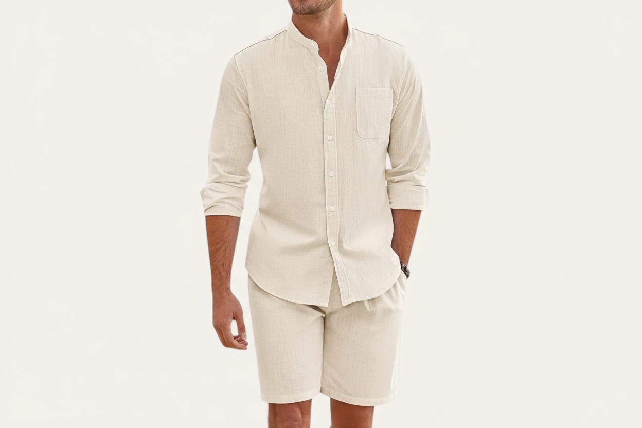 Herren Set mit Hemd mit Stehkragen und Shorts mit Kordelbund-Shirts for men-Alpenkind