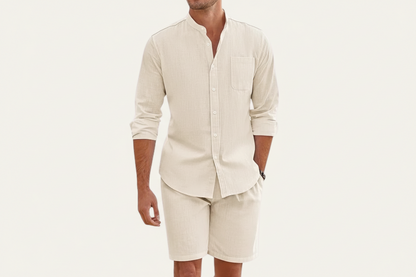 Herren Set mit Hemd mit Stehkragen und Shorts mit Kordelbund-Shirts for men-Alpenkind