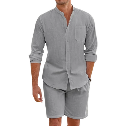 Herren Set mit Hemd mit Stehkragen und Shorts mit Kordelbund-Shirts for men-Alpenkind