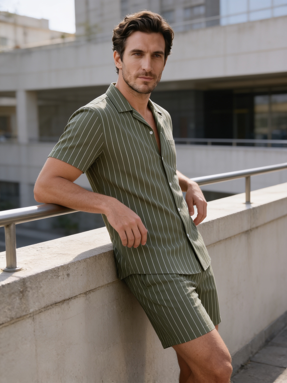 Herren-Set mit Nadelstreifen-Kurzarmhemd und Shorts-Sets for Men-Alpenkind