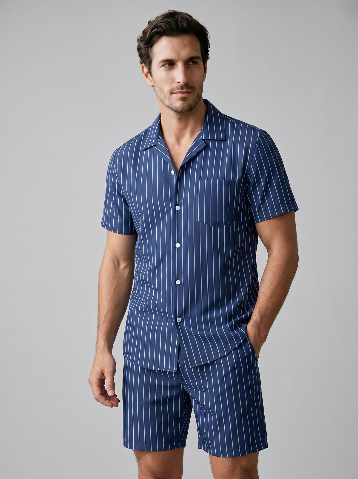Herren-Set mit Nadelstreifen-Kurzarmhemd und Shorts-Sets for Men-Alpenkind