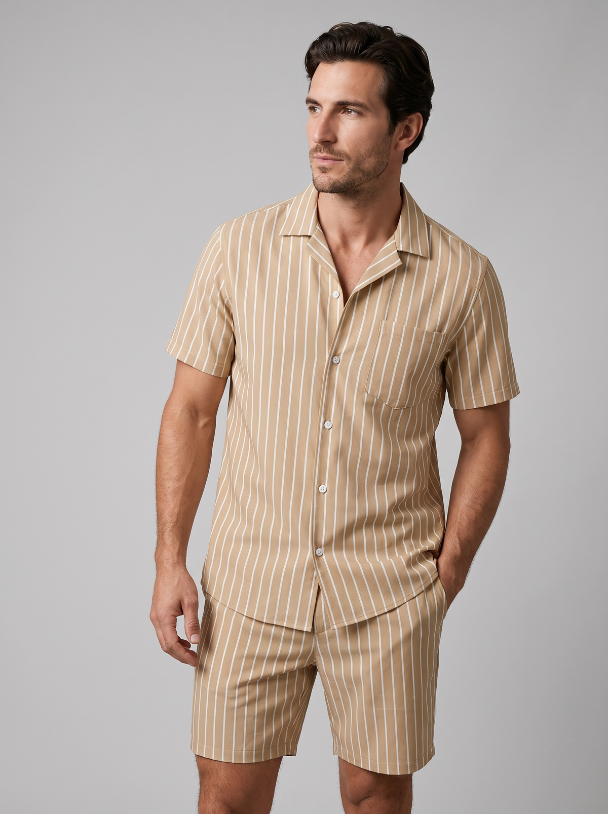Herren-Set mit Nadelstreifen-Kurzarmhemd und Shorts-Sets for Men-Alpenkind