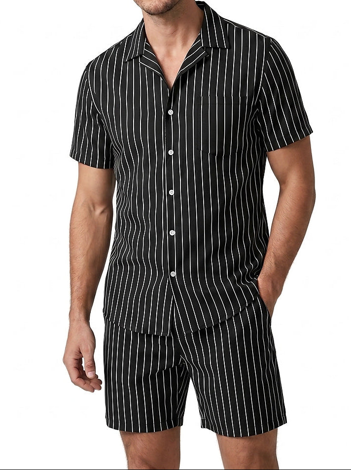 Herren-Set mit Nadelstreifen-Kurzarmhemd und Shorts-Sets for Men-Alpenkind
