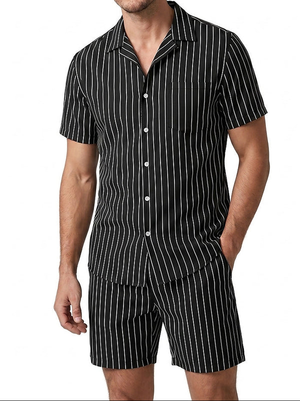 Herren-Set mit Nadelstreifen-Kurzarmhemd und Shorts-Sets for Men-Alpenkind