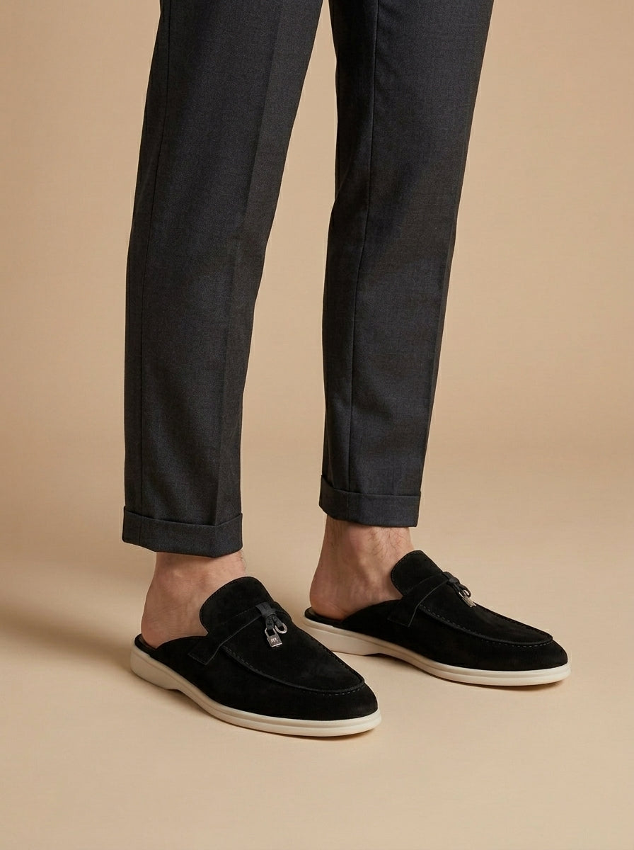 Herren-Slipper mit offener Ferse, Velours-Oberfläche und Metallverzierung-Dress shoes for men-Alpenkind