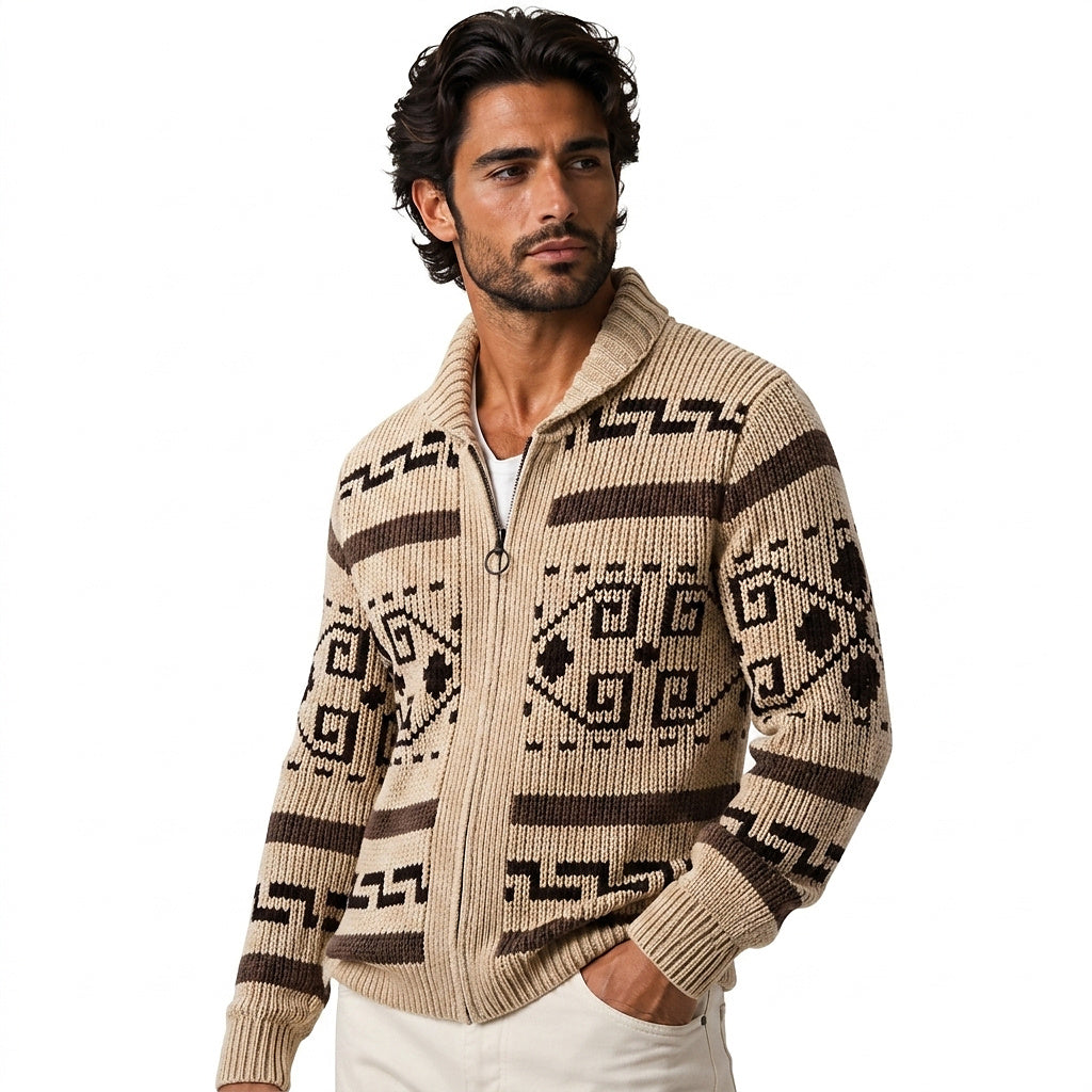 Herren-Strickjacke mit geometrischem Muster, Reißverschluss und Schalkragen-Cardigan for men-Alpenkind