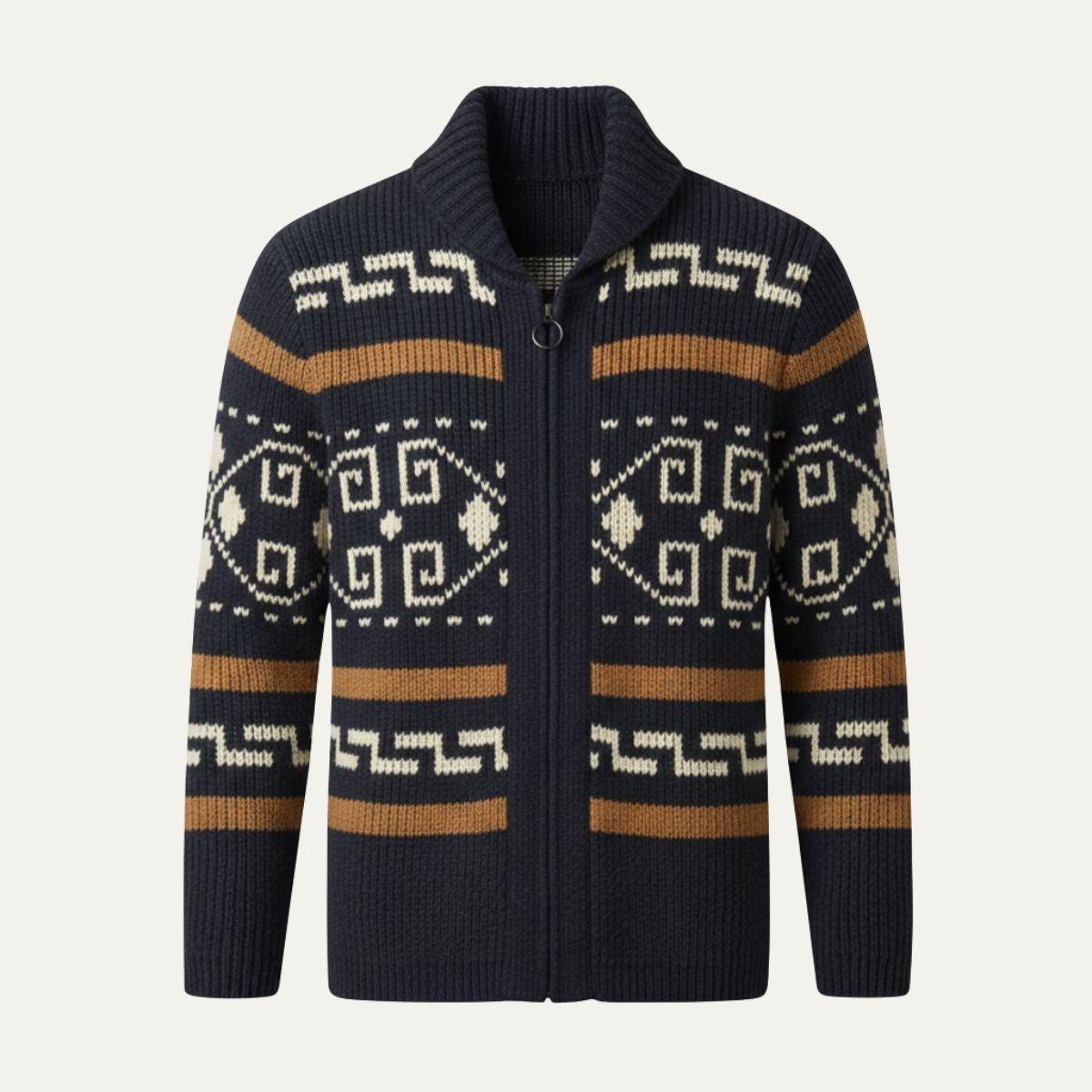 Herren-Strickjacke mit geometrischem Muster, Reißverschluss und Schalkragen-Cardigan for men-Alpenkind