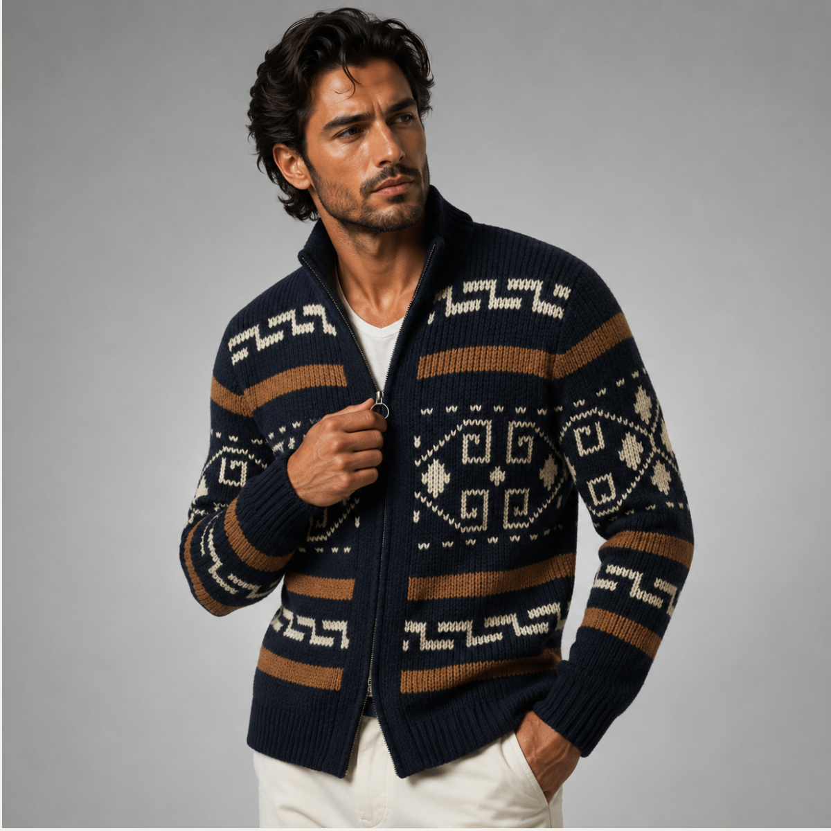 Herren-Strickjacke mit geometrischem Muster, Reißverschluss und Schalkragen-Cardigan for men-Alpenkind