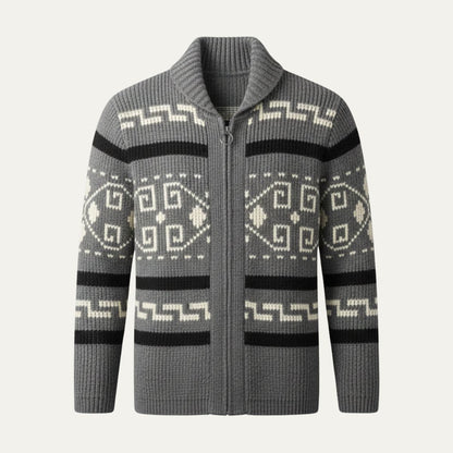 Herren-Strickjacke mit geometrischem Muster, Reißverschluss und Schalkragen-Cardigan for men-Alpenkind