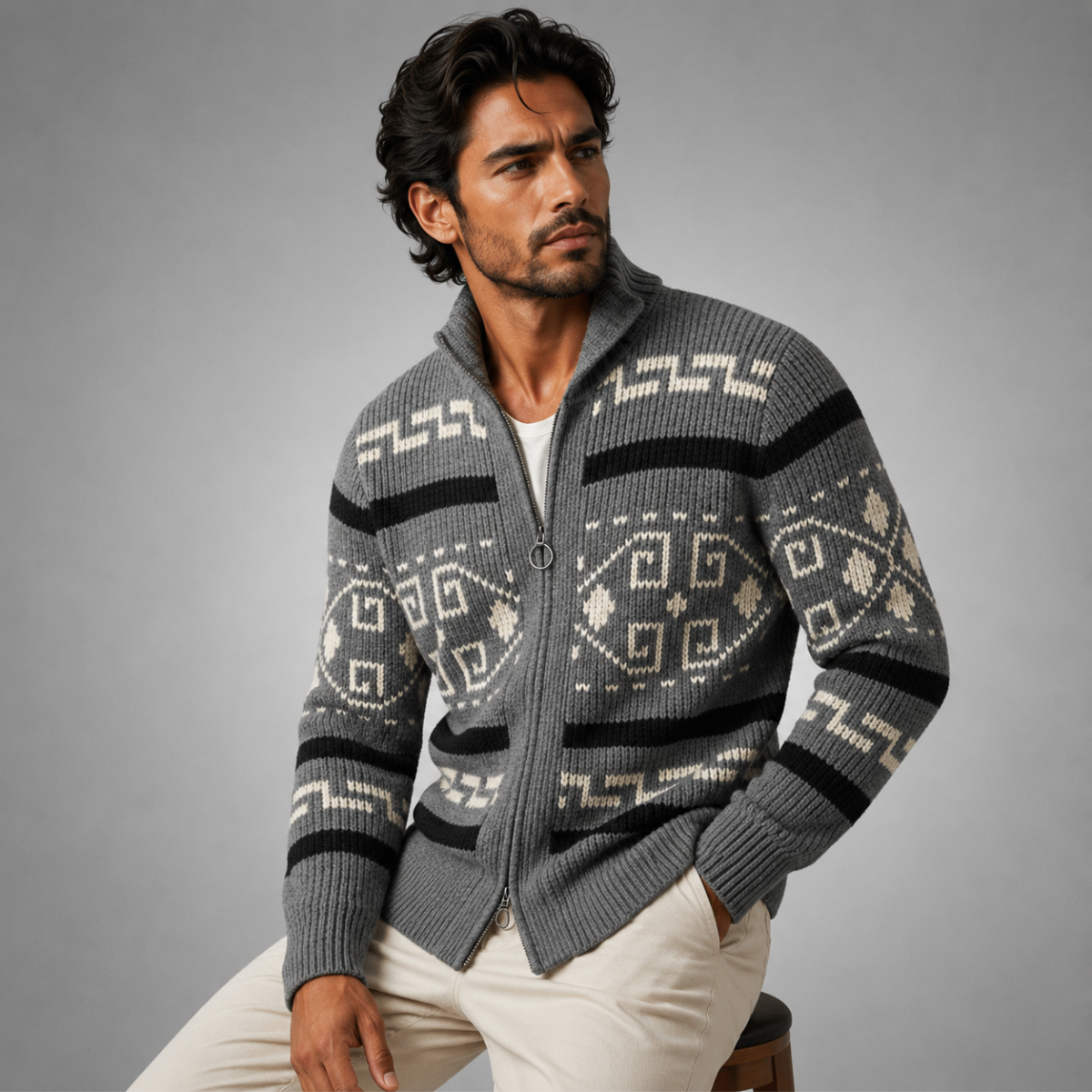 Herren-Strickjacke mit geometrischem Muster, Reißverschluss und Schalkragen-Cardigan for men-Alpenkind