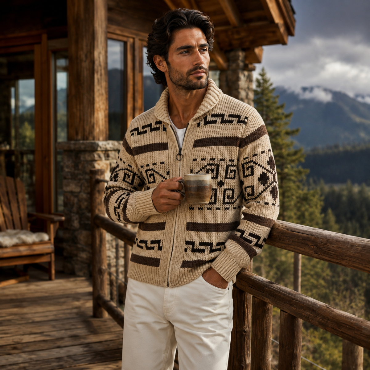 Herren-Strickjacke mit geometrischem Muster, Reißverschluss und Schalkragen-Cardigan for men-Alpenkind