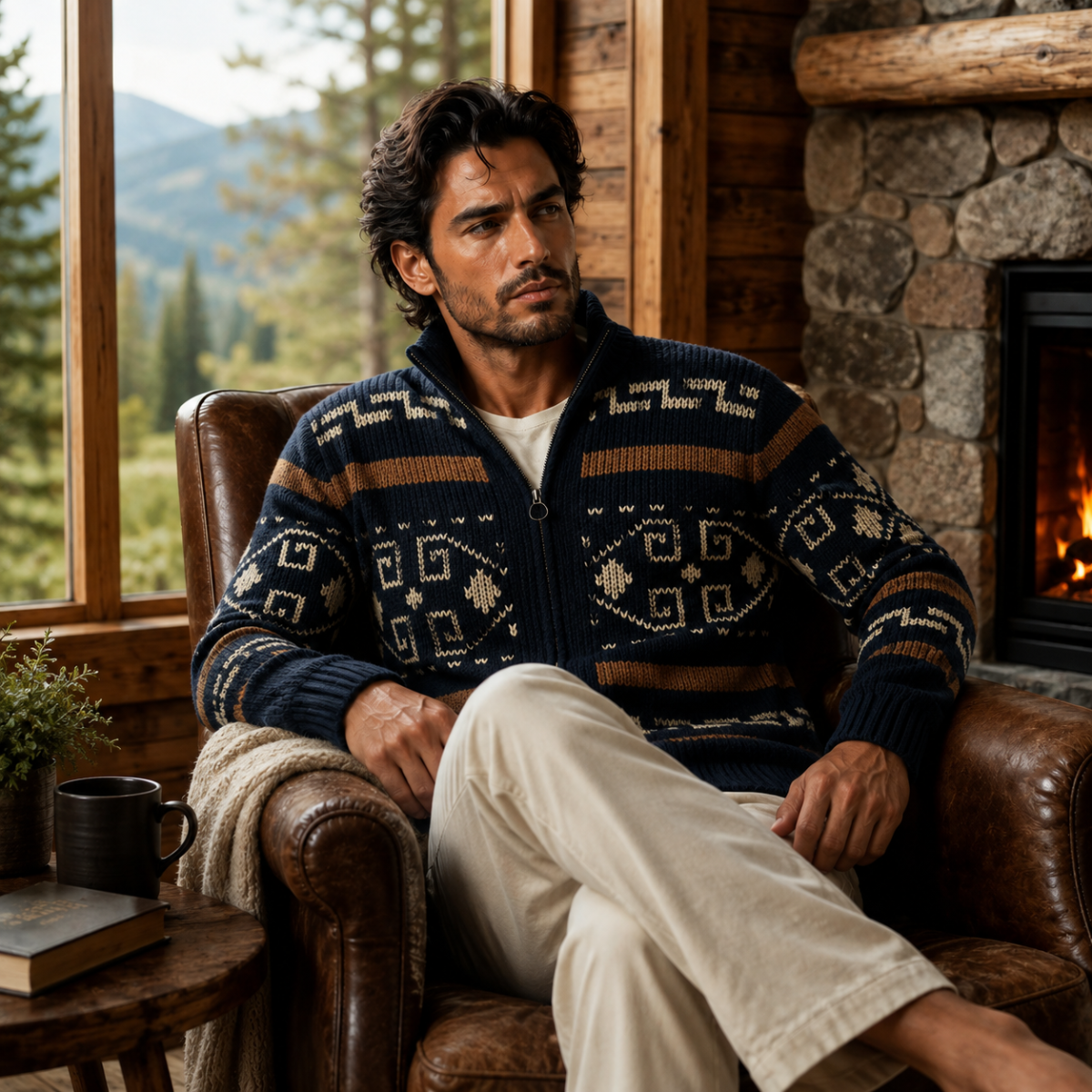 Herren-Strickjacke mit geometrischem Muster, Reißverschluss und Schalkragen-Cardigan for men-Alpenkind