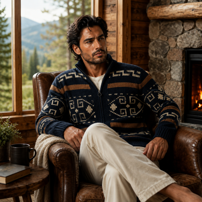 Herren-Strickjacke mit geometrischem Muster, Reißverschluss und Schalkragen-Cardigan for men-Alpenkind