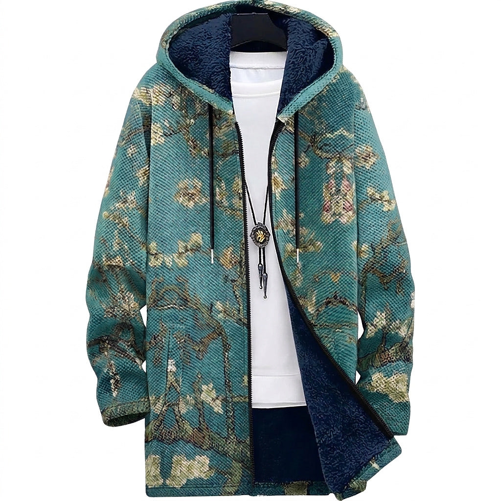 Herren-Strickjacke mit Kapuze und Kunstdruck-Cardigan for men-Alpenkind