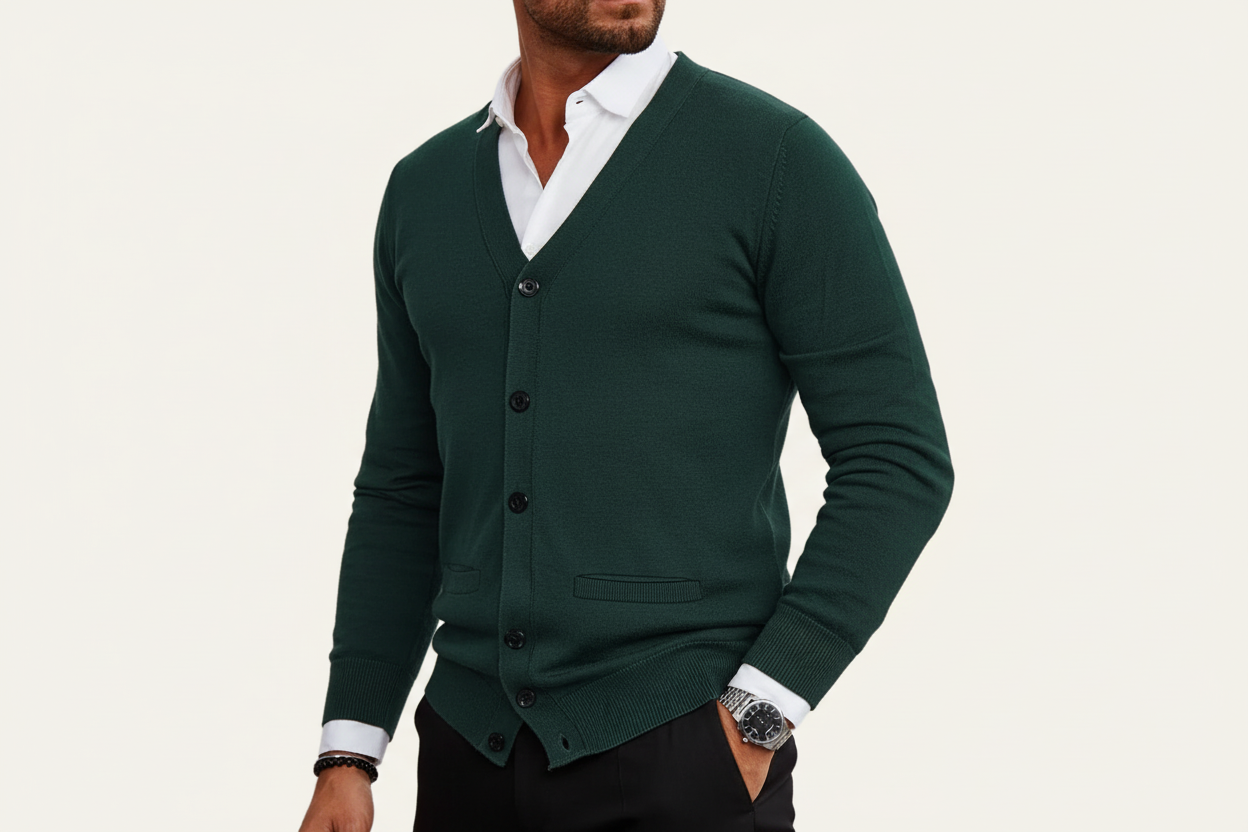 Herren Strickjacke mit Knopfleiste, V-Ausschnitt und Rippbündchen-Men Cardigans-Alpenkind