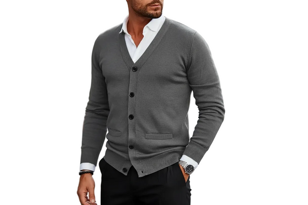 Herren Strickjacke mit Knopfleiste, V-Ausschnitt und Rippbündchen-Men Cardigans-Alpenkind