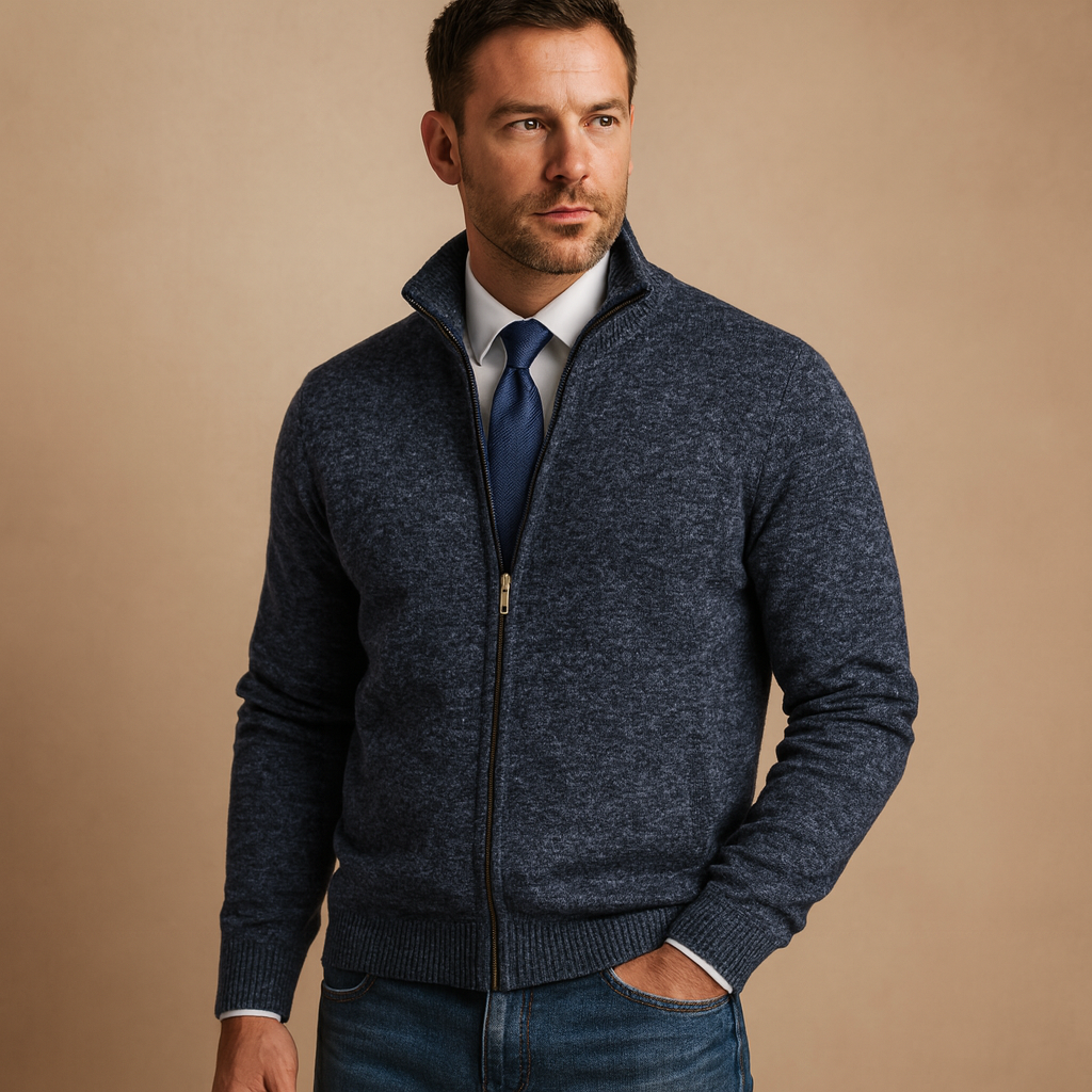 Herren-Strickjacke mit Reißverschluss und Stehkragen-Jackets for men-Alpenkind