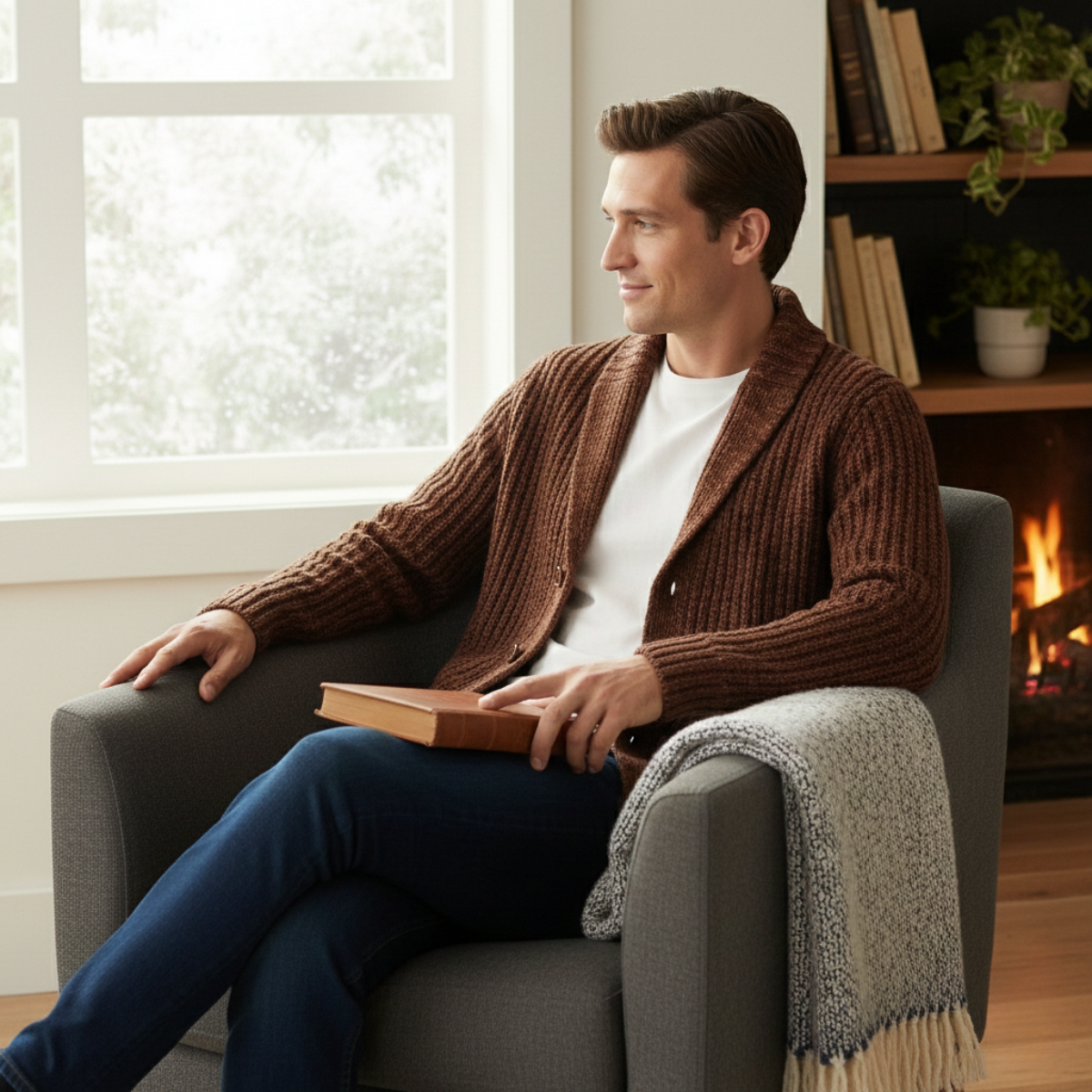 Herren-Strickjacke mit Schalkragen und grobem Strickmuster-Cardigan for men-Alpenkind