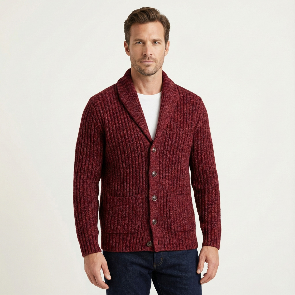Herren-Strickjacke mit Schalkragen und grobem Strickmuster-Cardigan for men-Alpenkind