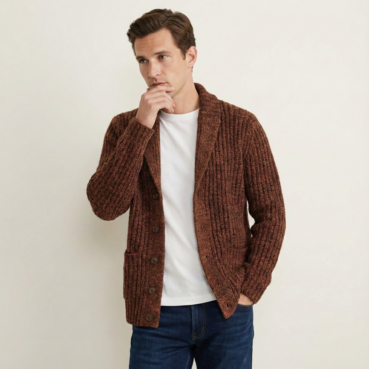 Herren-Strickjacke mit Schalkragen und grobem Strickmuster-Cardigan for men-Alpenkind