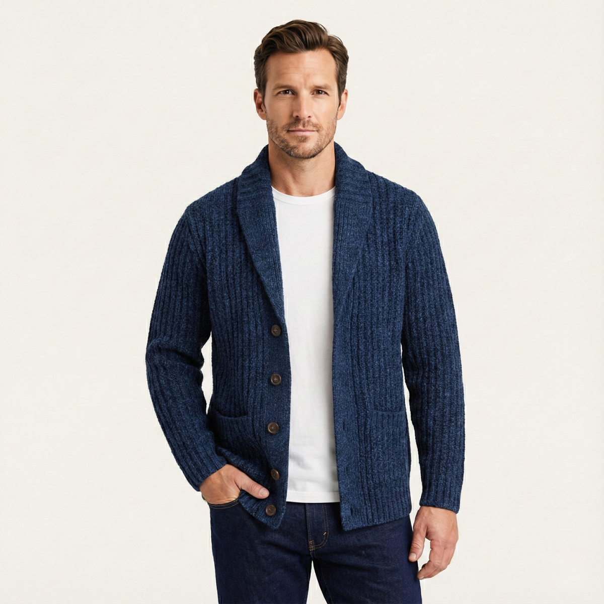 Herren-Strickjacke mit Schalkragen und grobem Strickmuster-Cardigan for men-Alpenkind