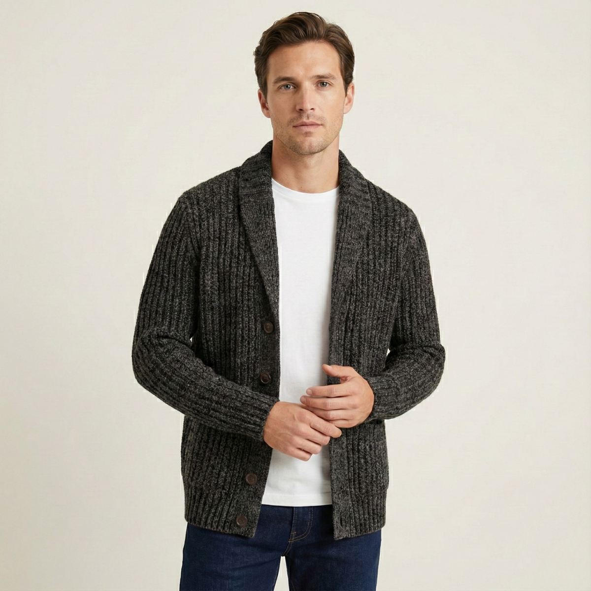 Herren-Strickjacke mit Schalkragen und grobem Strickmuster-Cardigan for men-Alpenkind