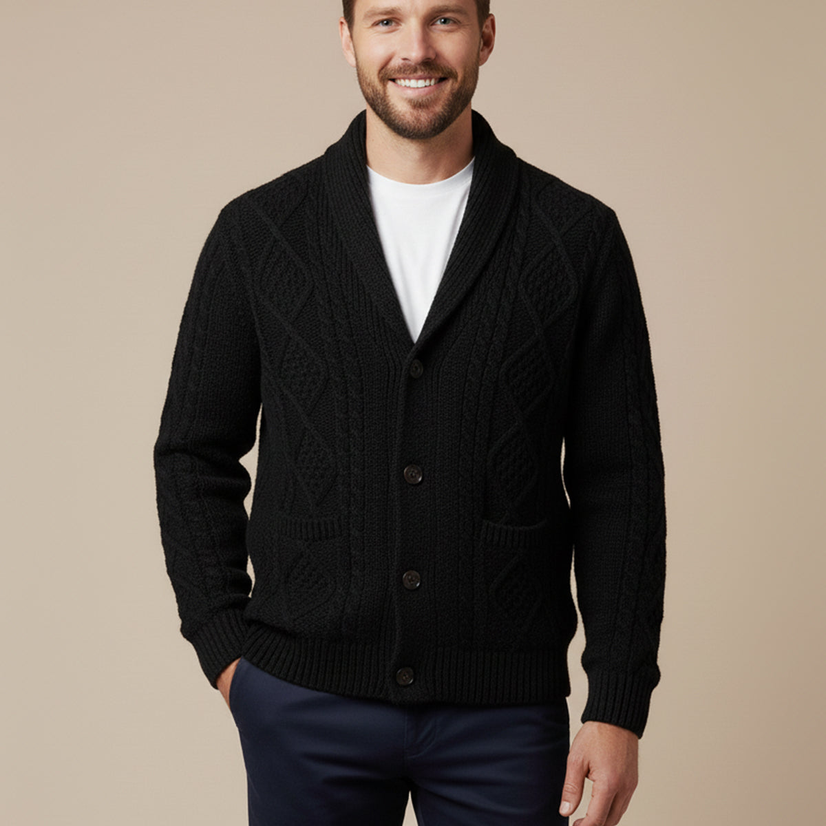 Herren-Strickjacke mit Schalkragen und Zopfmuster-Cardigan for men-Alpenkind