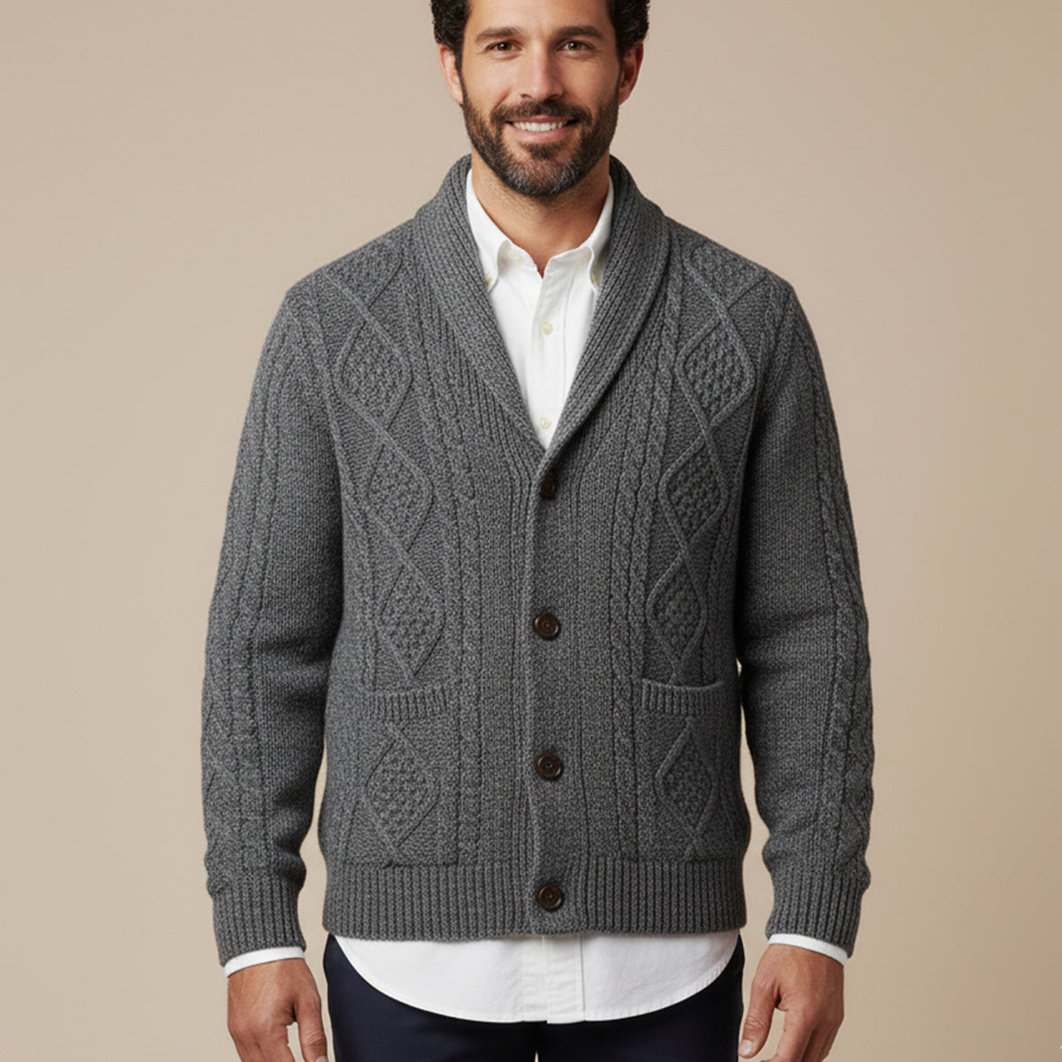 Herren-Strickjacke mit Schalkragen und Zopfmuster-Cardigan for men-Alpenkind