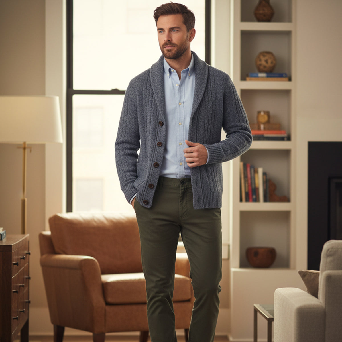 Herren-Strickjacke mit Schalkragen und Zopfmuster-Cardigan for men-Alpenkind