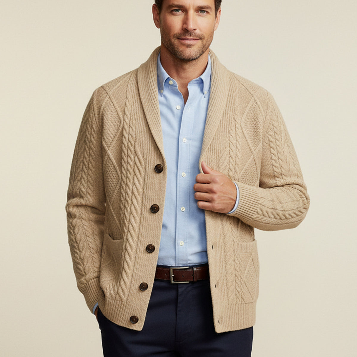 Herren-Strickjacke mit Schalkragen und Zopfmuster-Cardigan for men-Alpenkind