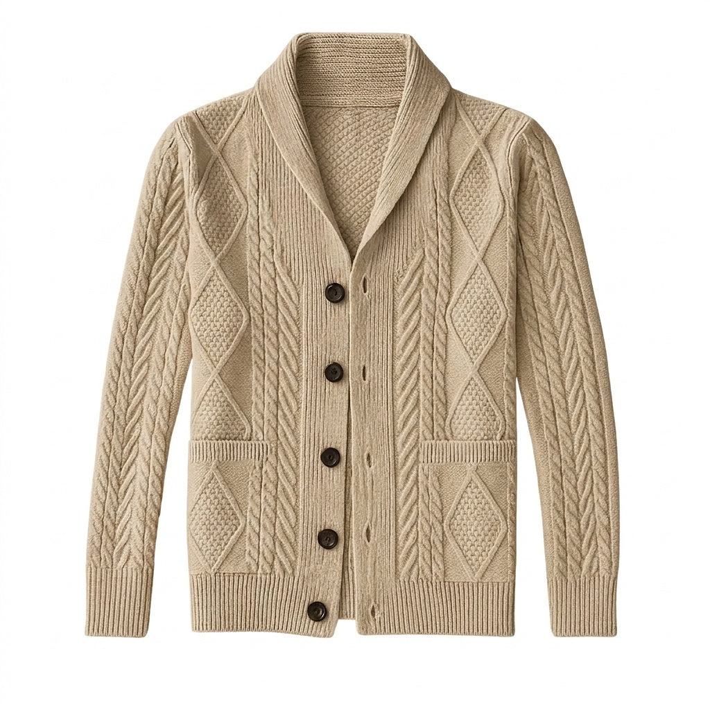 Herren-Strickjacke mit Schalkragen und Zopfmuster-Cardigan for men-Alpenkind