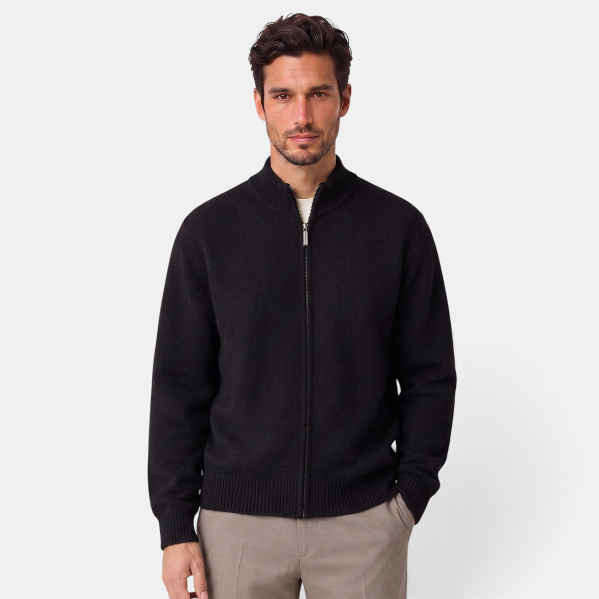 Herren-Strickjacke mit Stehkragen und durchgehendem Reißverschluss-Jackets for men-Alpenkind