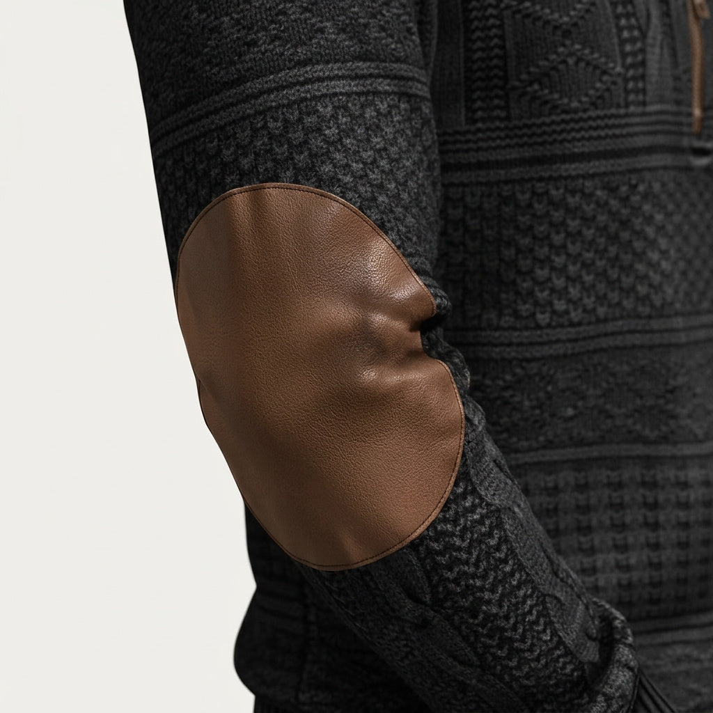 Herren-Strickpullover mit Muster, halbem Reißverschluss und Ellbogen-Patches-Sweaters for men-Alpenkind