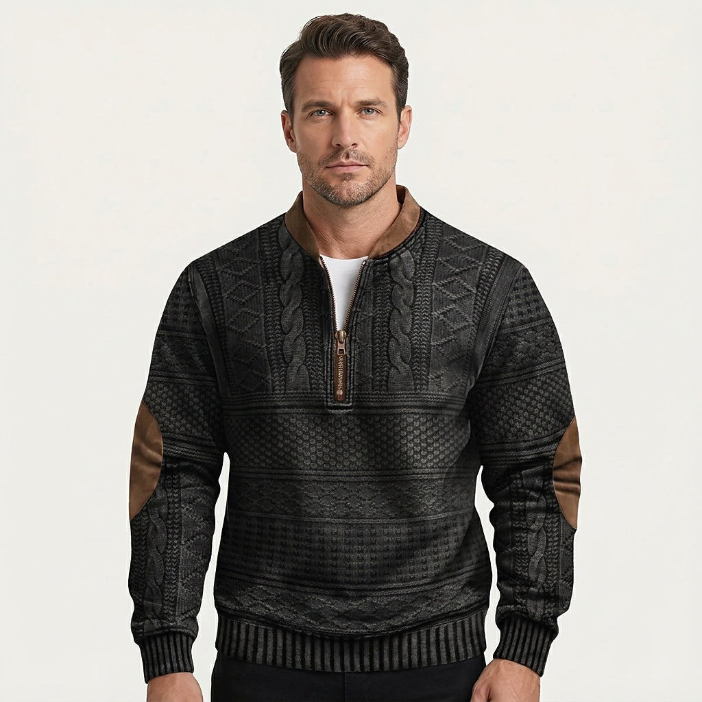 Herren-Strickpullover mit Muster, halbem Reißverschluss und Ellbogen-Patches-Sweaters for men-Alpenkind