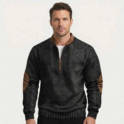 Herren-Strickpullover mit Muster, halbem Reißverschluss und Ellbogen-Patches-Sweaters for men-Alpenkind