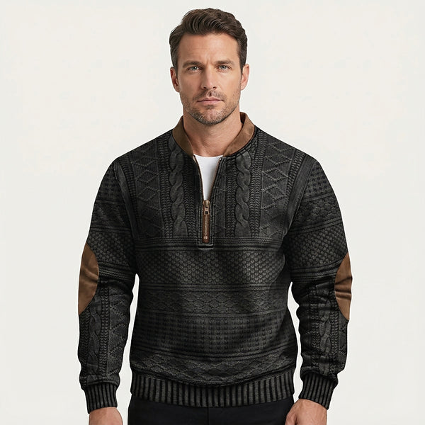 Herren-Strickpullover mit Muster, halbem Reißverschluss und Ellbogen-Patches-Sweaters for men-Alpenkind