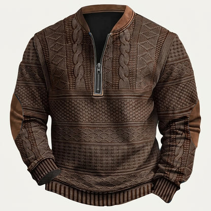 Herren-Strickpullover mit Muster, halbem Reißverschluss und Ellbogen-Patches-Sweaters for men-Alpenkind