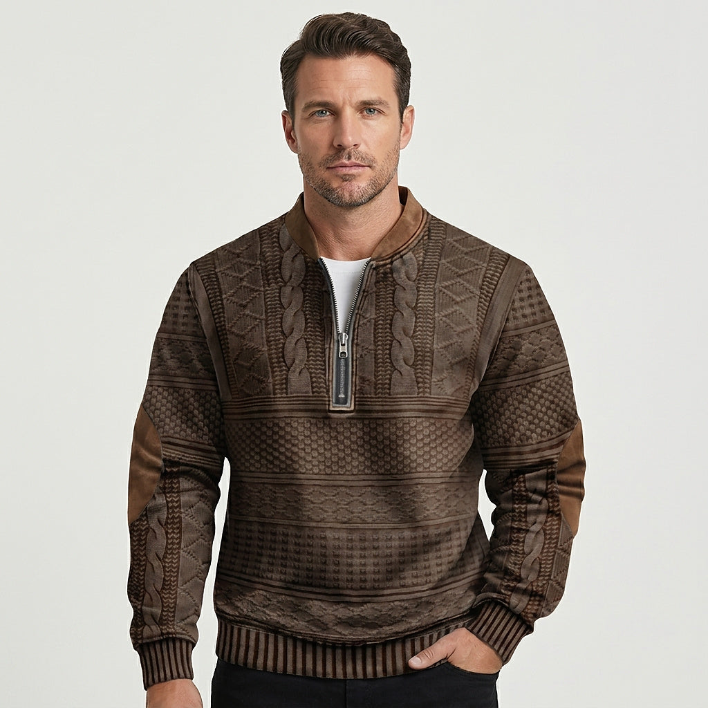 Herren-Strickpullover mit Muster, halbem Reißverschluss und Ellbogen-Patches-Sweaters for men-Alpenkind